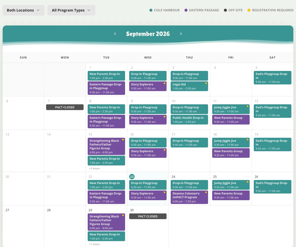 PACT's program calendar for September 2026, with Cole Harbour programs in teal, Eastern Passage programs in purple, and two days marked PACT closed